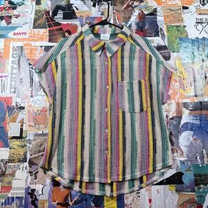 Vertical Stripe Knit Shirt with Pocket - Short Sleeve Top -‎ Fits like a Large